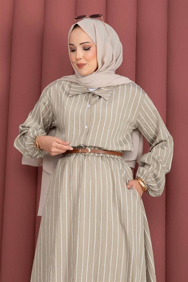 Striped Shirt and Skirt 2 Piece Set, Khaki