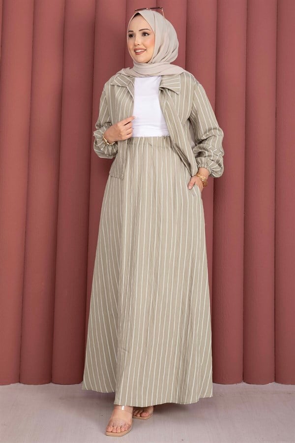 Striped Shirt and Skirt 2 Piece Set, Khaki