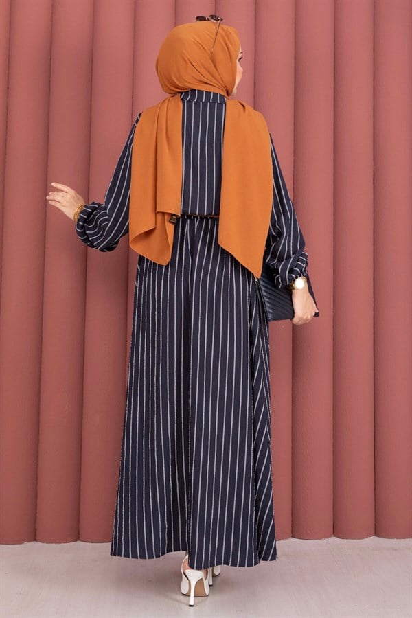Striped Shirt and Skirt 2 Piece Set, Navy Blue