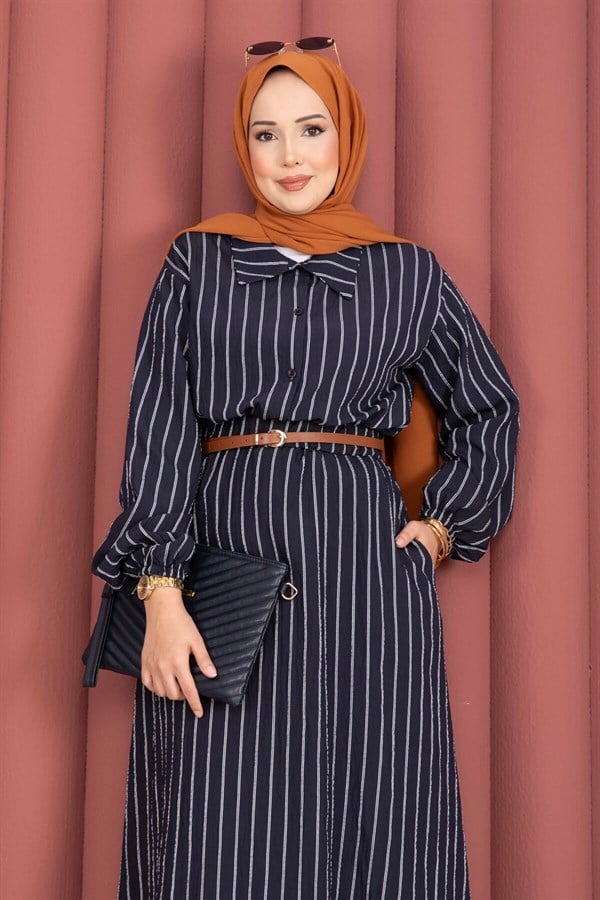 Striped Shirt and Skirt 2 Piece Set, Navy Blue