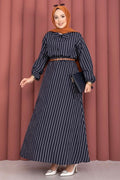 Striped Shirt and Skirt 2 Piece Set, Navy Blue