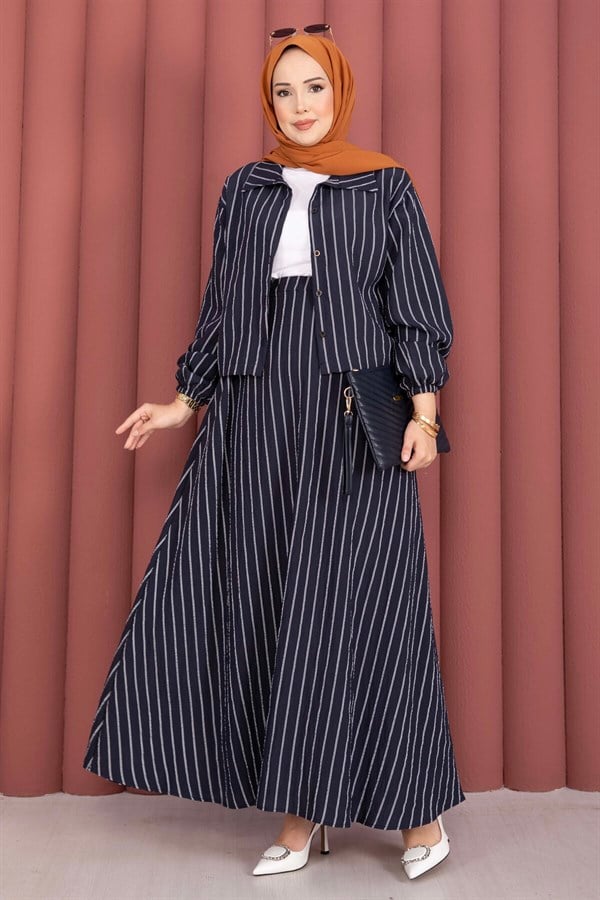 Striped Shirt and Skirt 2 Piece Set, Navy Blue