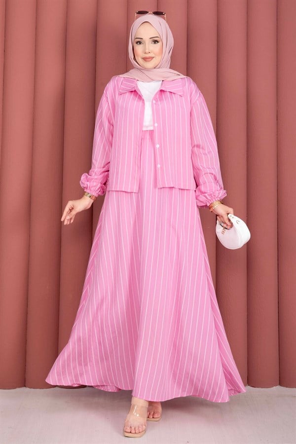 Striped Shirt and Skirt 2 Piece Set, Pink