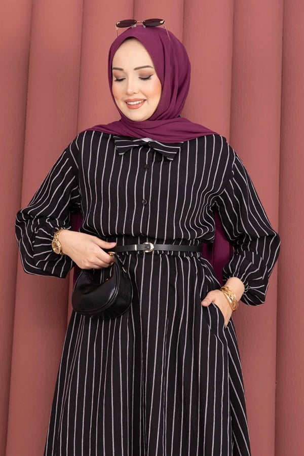 Striped Shirt and Skirt 2 Piece Set, Black