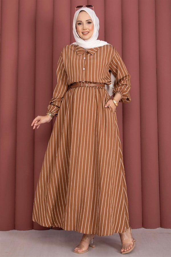 Striped Shirt and Skirt 2 Piece Set, Tan