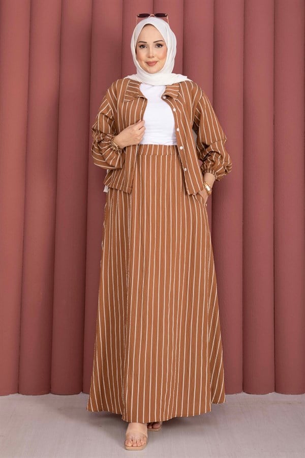 Striped Shirt and Skirt 2 Piece Set, Tan