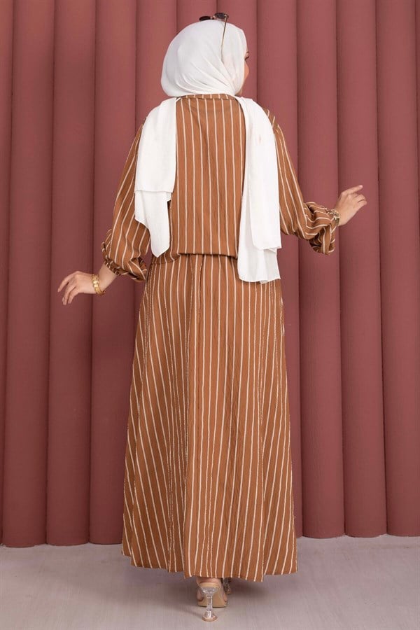 Striped Shirt and Skirt 2 Piece Set, Tan