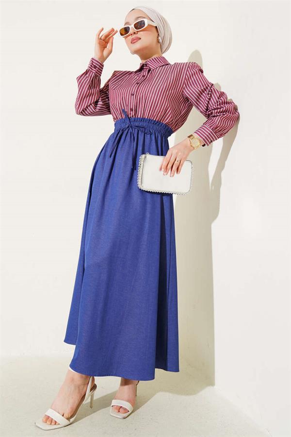 Striped Shirt Garnish Dress Claret Red