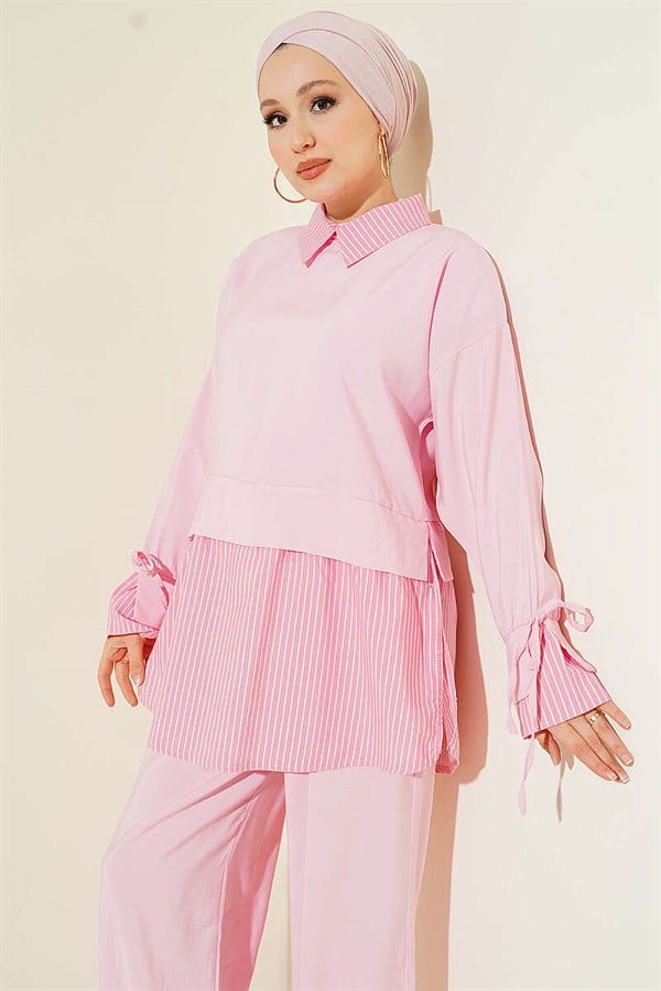 Striped Shirt with Modal Trim 2 Piece Set, Pink