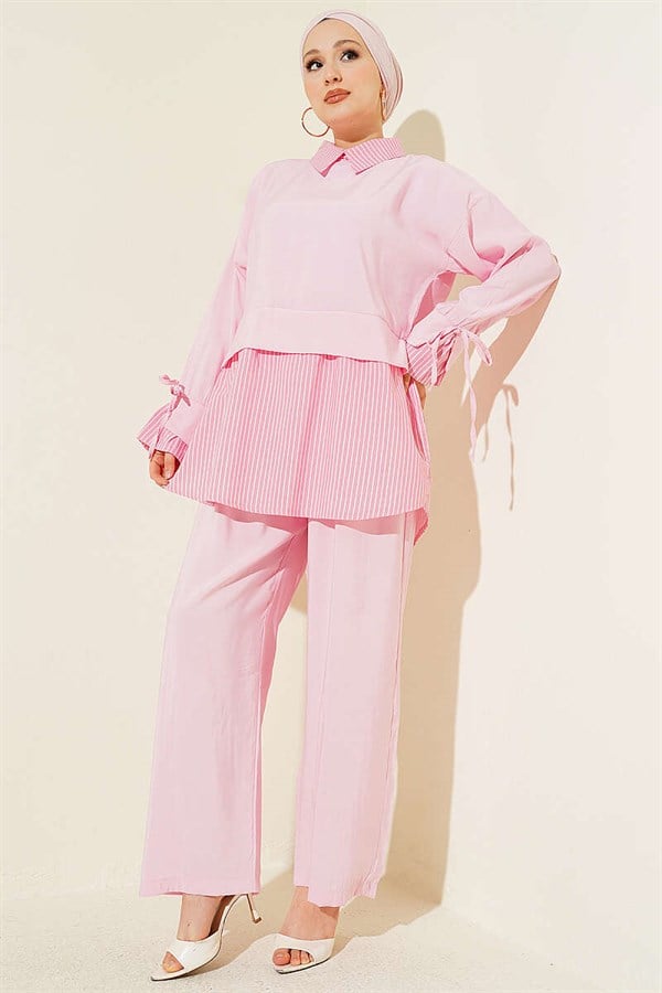 Striped Shirt with Modal Trim 2 Piece Set, Pink