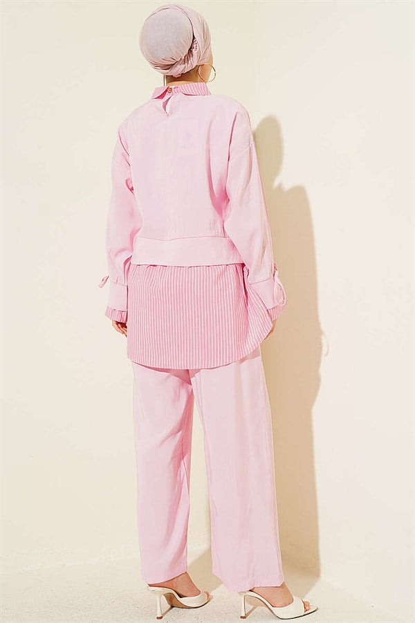 Striped Shirt with Modal Trim 2 Piece Set, Pink