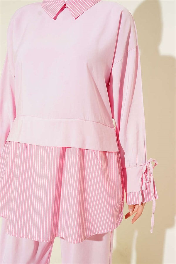 Striped Shirt with Modal Trim 2 Piece Set, Pink