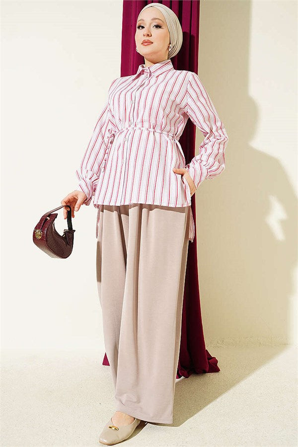 Striped Shirt with Drawstring Detail, Red