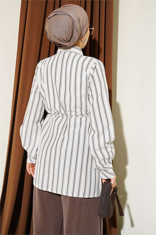 Striped Shirt with Drawstring Detail, Black