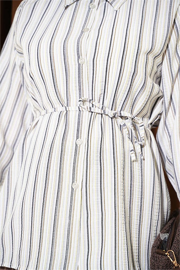 Striped Shirt with Drawstring Detail, Black