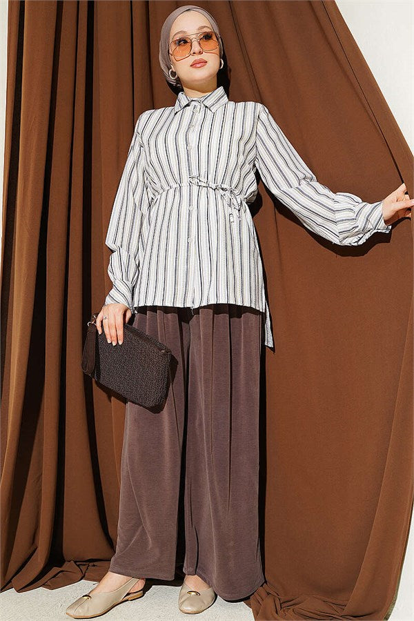 Striped Shirt with Drawstring Detail, Black
