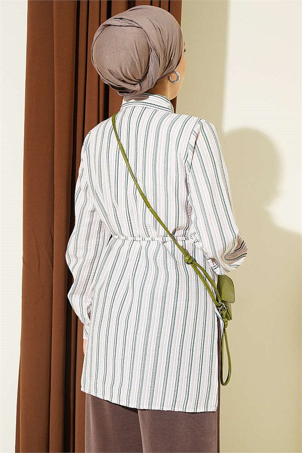 Striped Shirt with Drawstring Detail, Green