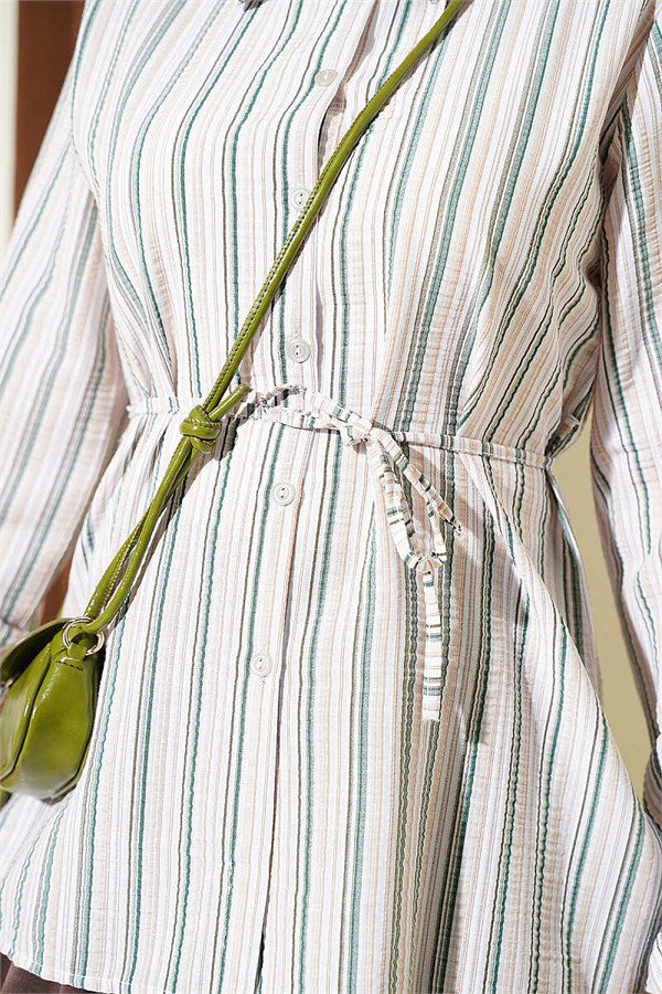 Striped Shirt with Drawstring Detail, Green