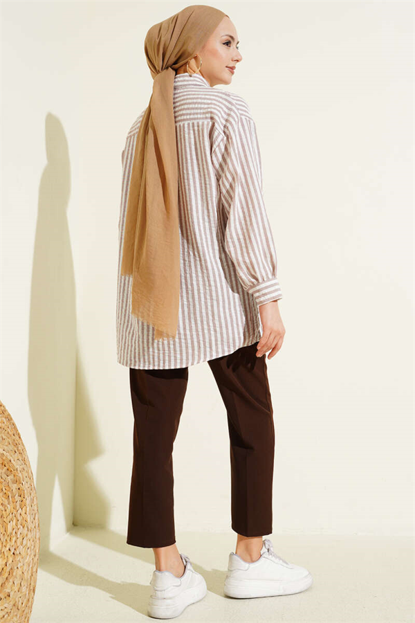 Striped Linen-Look Shirt, Beige