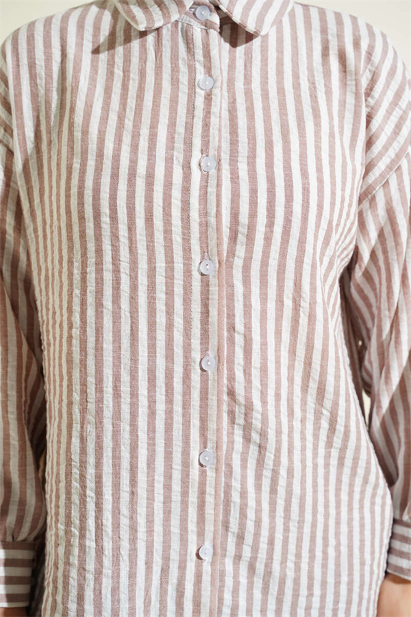 Striped Linen-Look Shirt, Beige