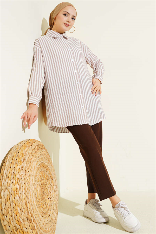 Striped Linen-Look Shirt, Beige