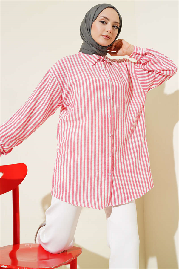 Striped Linen-Look Shirt, Rose Pink
