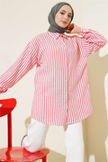 Striped Linen-Look Shirt, Rose Pink