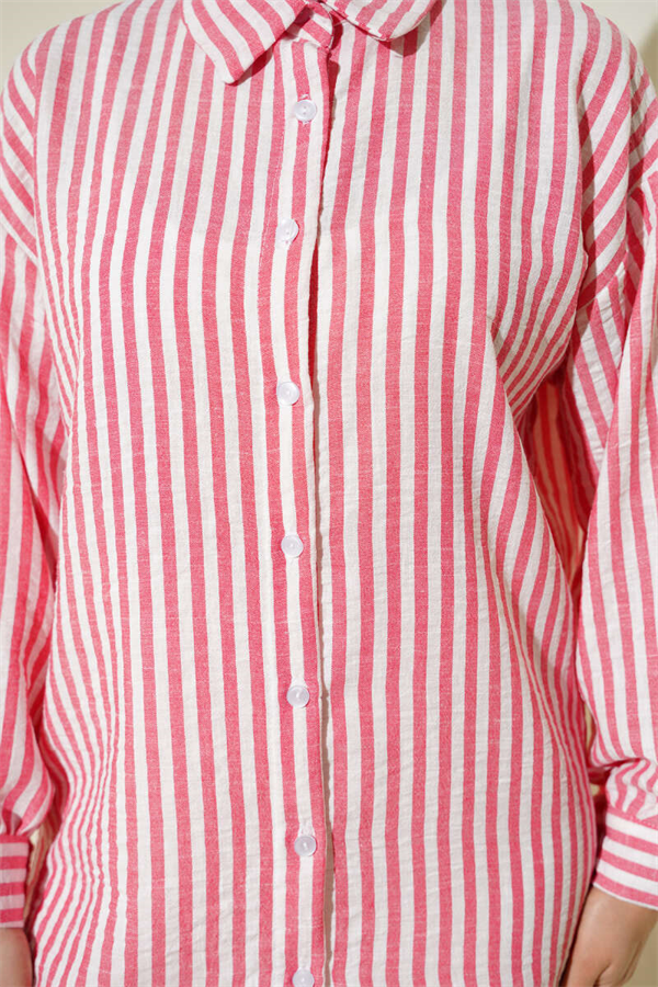 Striped Linen-Look Shirt, Rose Pink