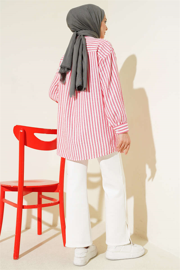 Striped Linen-Look Shirt, Rose Pink