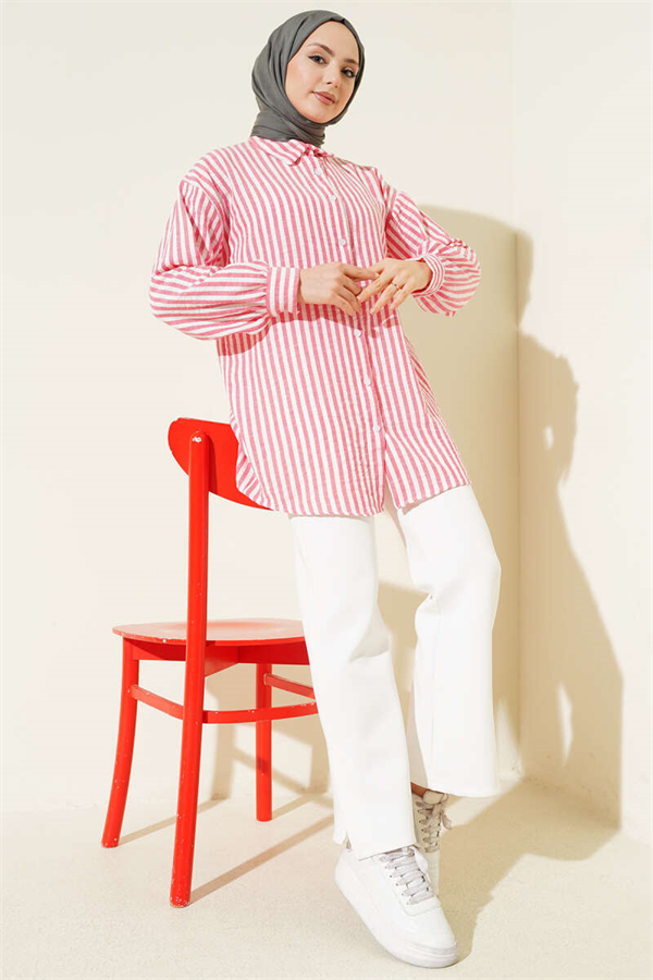 Striped Linen-Look Shirt, Rose Pink