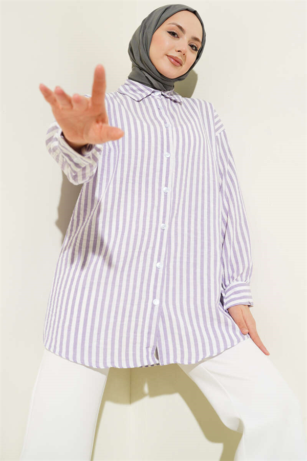 Striped Linen-Look Shirt Lilac