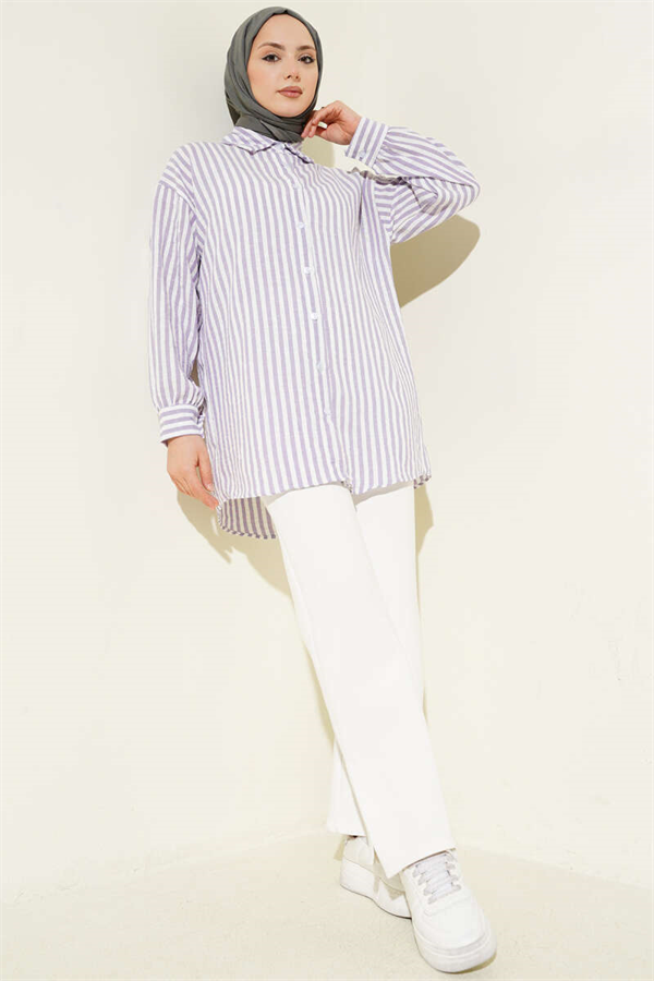 Striped Linen-Look Shirt Lilac