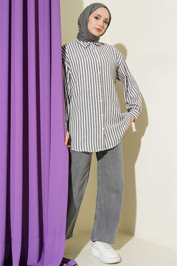 Striped Linen Look Shirt Black