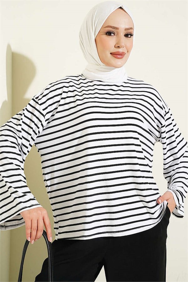 Striped Tunic with Sleeve Emblem, White