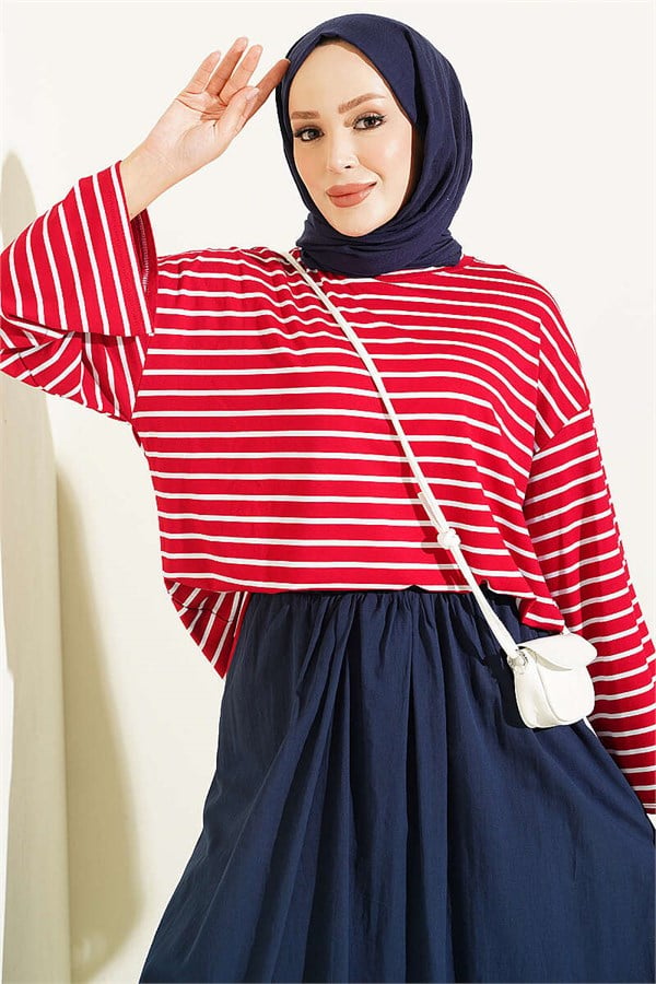Striped Tunic with Sleeve Emblem, Burgundy