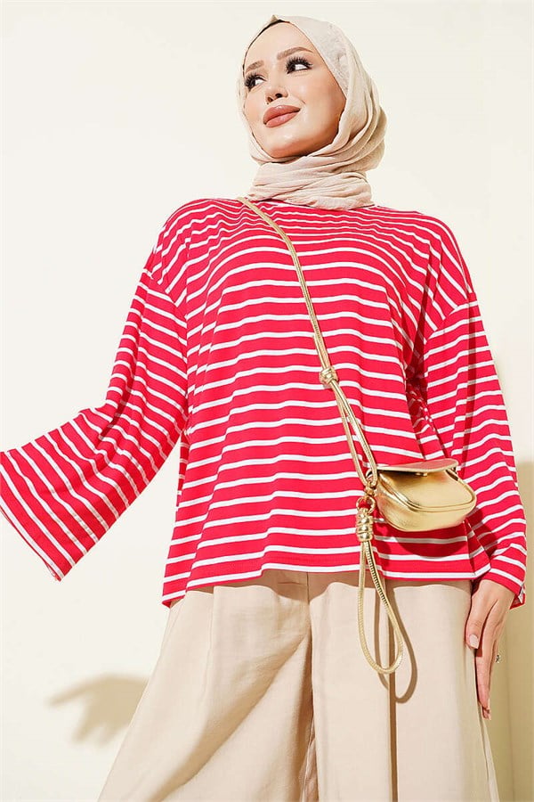 Striped Tunic with Sleeve Emblem, Red