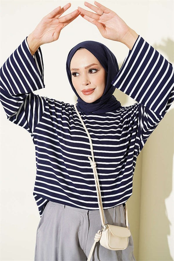 Striped Tunic with Sleeve Emblem, Navy Blue