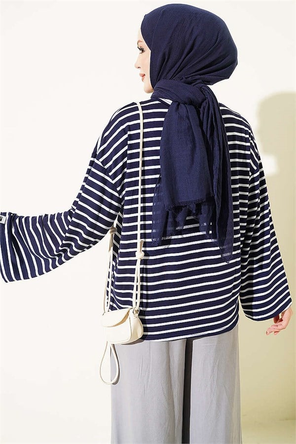 Striped Tunic with Sleeve Emblem, Navy Blue