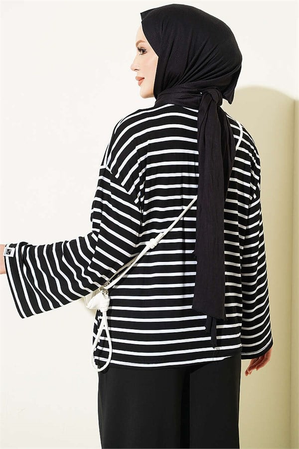 Striped Tunic with Sleeve Emblem, Black