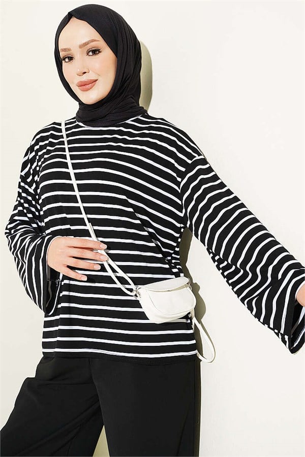 Striped Tunic with Sleeve Emblem, Black