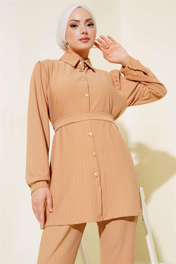 Striped Crepe 2 Piece Set Latte