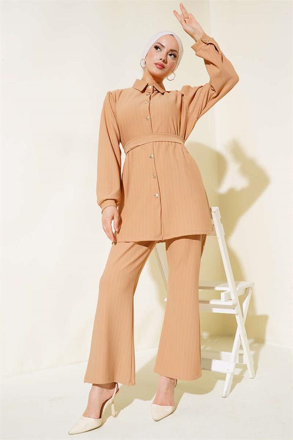 Striped Crepe 2 Piece Set Latte