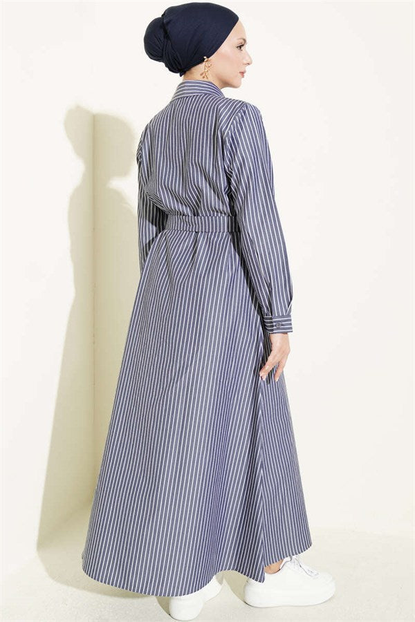 Striped Belted Dress, Smoke Grey