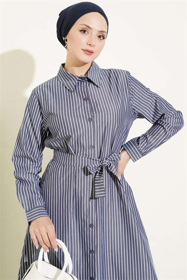 Striped Belted Dress, Smoke Grey