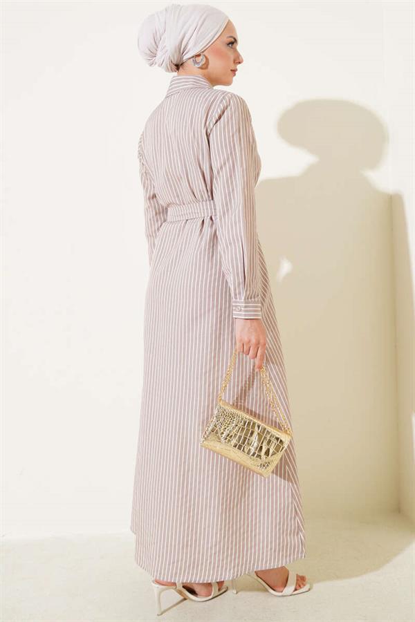 Striped Belted Dress Latte