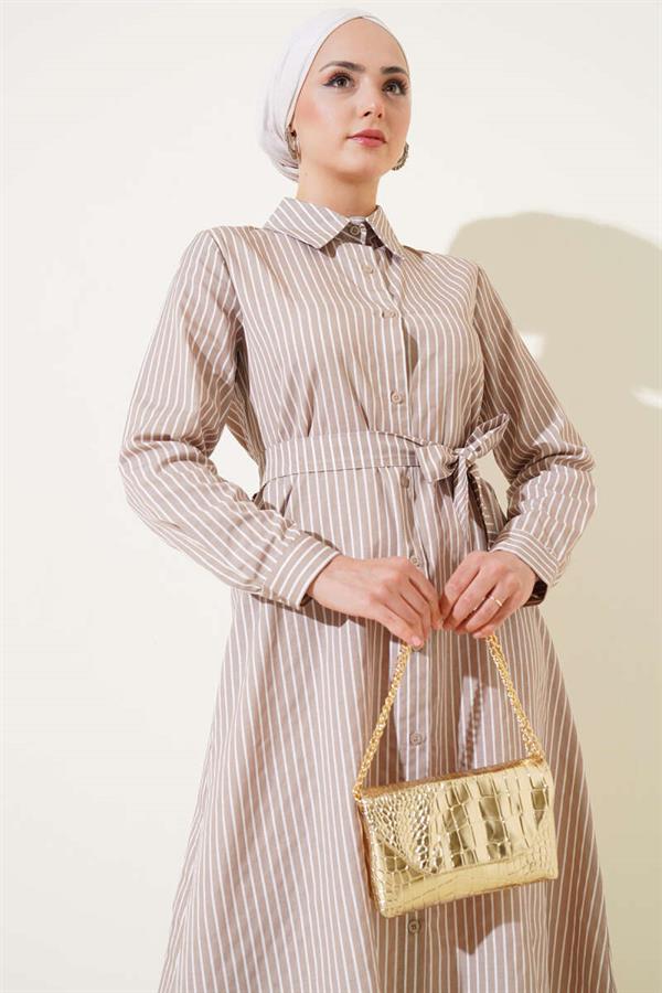 Striped Belted Dress Latte