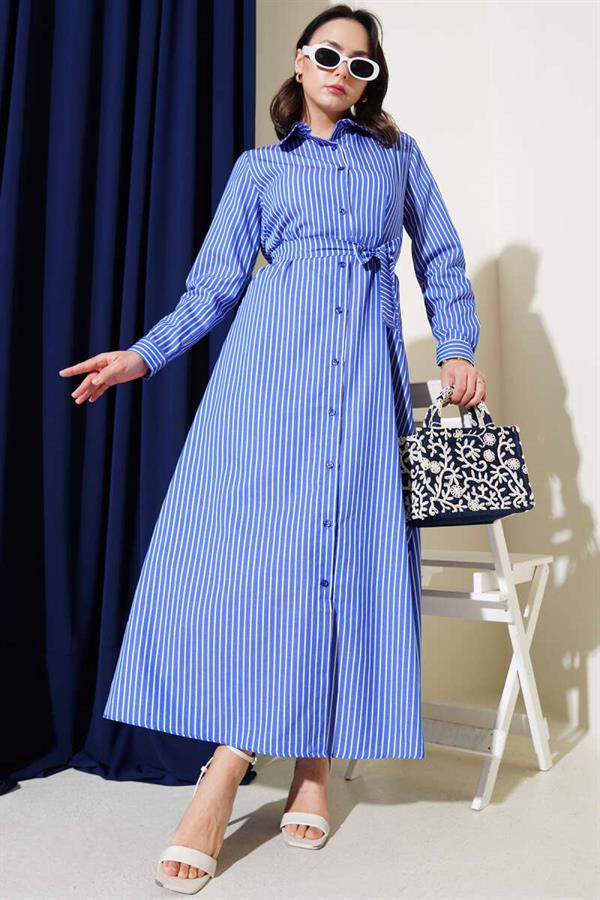 Striped Belted Dress in Saxe