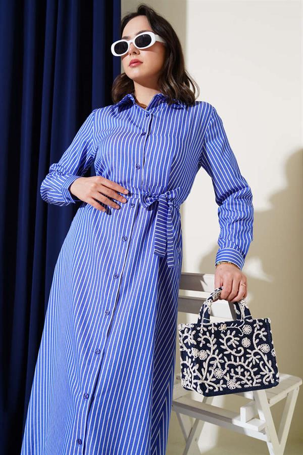 Striped Belted Dress in Saxe