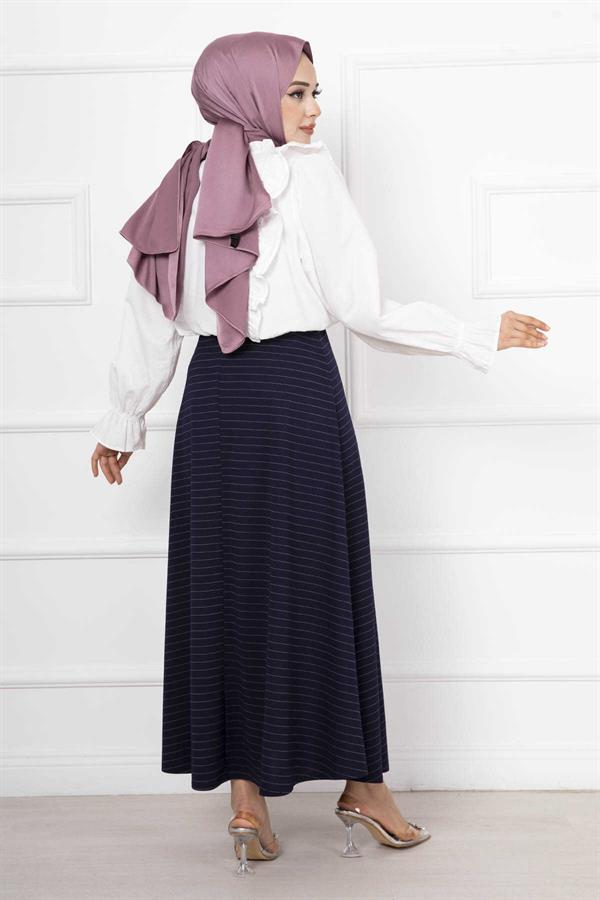 Striped Mevlana Hijab Skirt Navy Blue