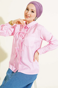Striped Front Drawstring Short Shirt Pink